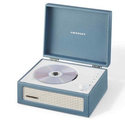 Leitor de CD/rádio azul com estojo aberto e CD