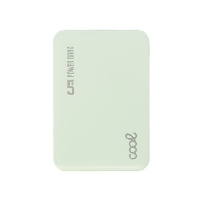 Power bank verde claro retangular com textos impressos