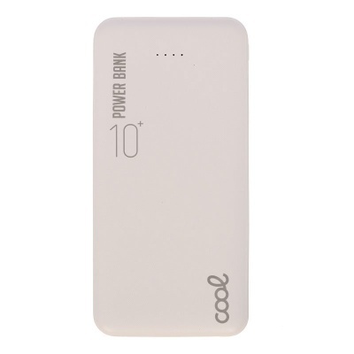 Banco de energia portátil branco com texto 'POWER BANK 10+' e 'cool'