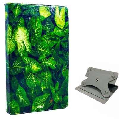 Capa para tablet com folhas verdes e suporte cinzento