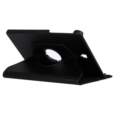 Capa protetora preta para tablet com textura de couro e design giratório.