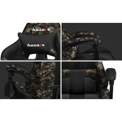 Cadeira gamer camuflada com almofada preta huzaro, apoios de braço ajustáveis e detalhes em malha preta.