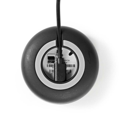 Dispositivo redondo preto com suporte cinzento e cabo USB