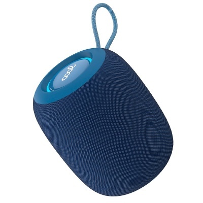 Coluna portátil azul escura com cordão e logótipo 360° no topo