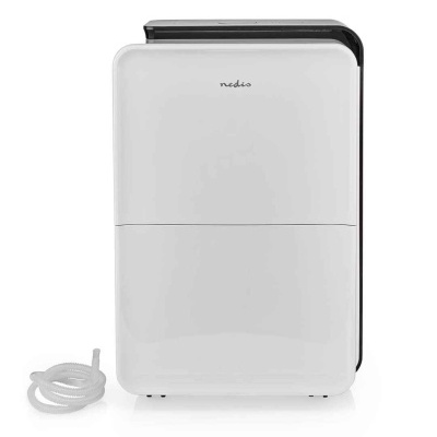 Desumidificador branco Nedis com tubo branco ao lado
