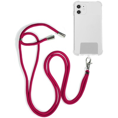 Capa de smartphone transparente com corda rosa e acabamentos metálicos