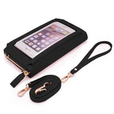 Carteira preta com visor transparente para telemóvel, fecho zipper dourado, alça e correia