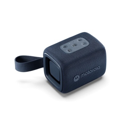 Coluna portátil Bluetooth Motorola azul escuro com botões no topo e alça lateral