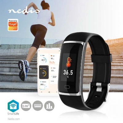 Pulseira fitness preta Nedis com ecrã digital a mostrar temperatura 36.5 °C