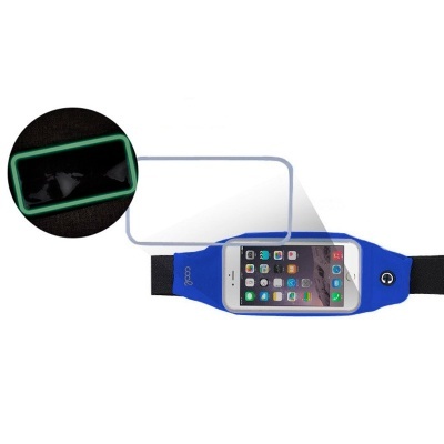 Cinto desportivo azul para telemóvel com bolsa transparente e elástico preto.
