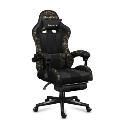 Cadeira gamer preta com detalhes camuflados e almofada com logo huzaro