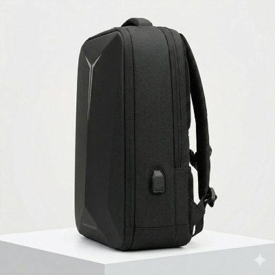 Mochila preta com design rígido e porta USB externa