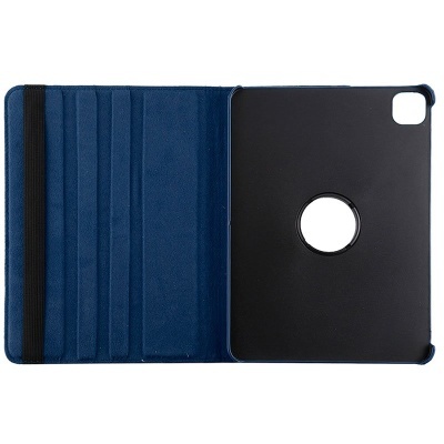 Capa para tablet azul e preta com suporte de rotação circular.