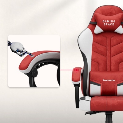 Cadeira gaming vermelha e cinza com apoios de braços almofadados e texto GAMING SPACE