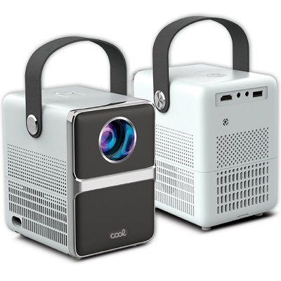 Dois projetores portáteis brancos e pretos com alças