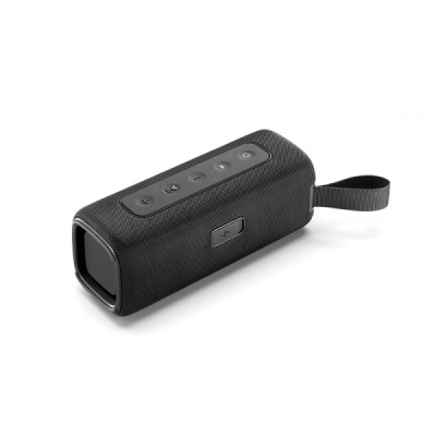 Coluna portátil preta com textura de malha e botões no topo