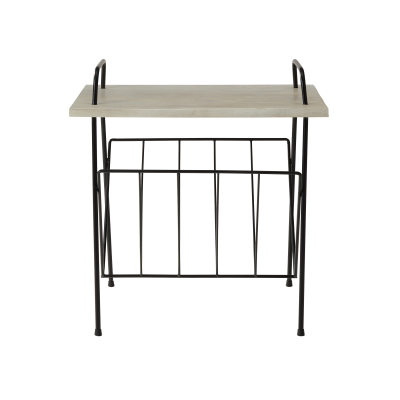 Mesa de apoio madeira clara com estrutura metálica preta e suporte inferior