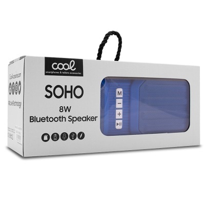 Coluna Bluetooth azul SOHO 8W embalada numa caixa branca com janela transparente
