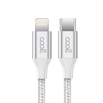 Cabo de carregamento USB-C para Lightning prateado com cabo trançado cinzento e branco