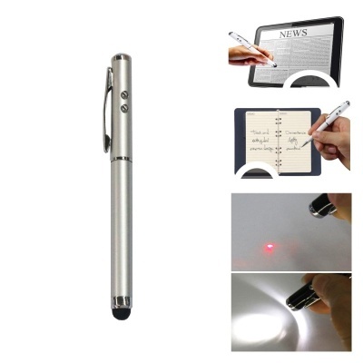 Caneta multifuncional prateada com luz LED, apontador laser e ponta para touch