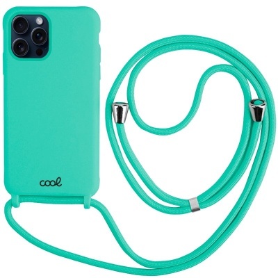 Capa verde água para smartphone com cordão e texto 'cool'