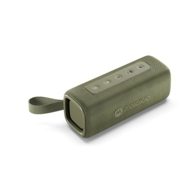 Coluna portátil verde militar Motorola com botões no topo e alça lateral