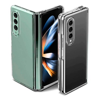 Telemóveis dobráveis Samsung com capas transparentes em verde, preto e ecrã aberto