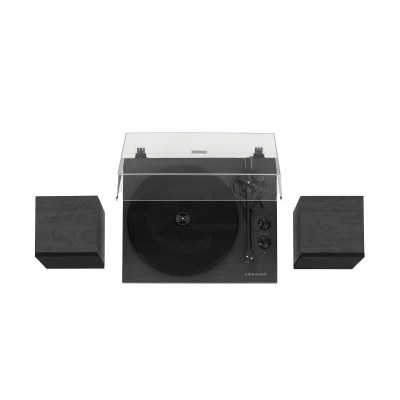 Gira-discos preto Crosley com dois altifalantes de madeira escura