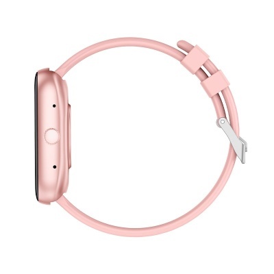 Relógio inteligente rosa claro com pulseira de silicone e fivela metálica