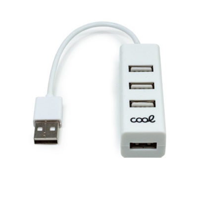 Hub USB branco com quatro portas e cabo curto