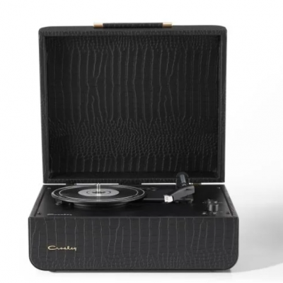 Gira-discos portátil preto com padrão de pele de crocodilo aberto