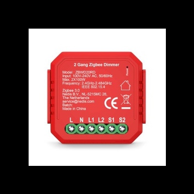 Dimmer Zigbee de 2 canais vermelho com texto branco e conexões numeradas