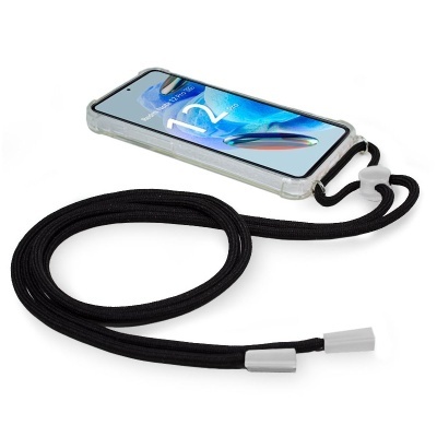 telemóvel com capa transparente e fio preto com pontas brancas em fundo branco