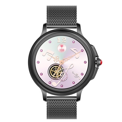 Relógio inteligente preto com mostrador decorativo e bracelete de malha metálica