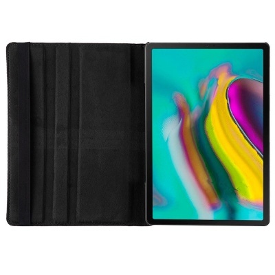 Capa preta de tablet aberta com tablet ligado mostrando ecrã colorido