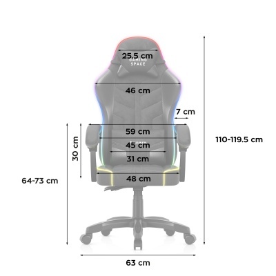Cadeira gaming preta com medidas e iluminação LED colorida