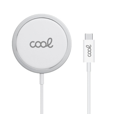 Carregador sem fios branco com cabo USB-C e logótipos 'cool'.