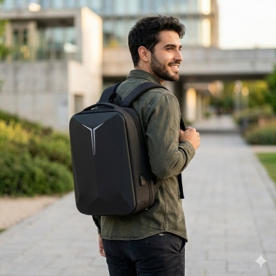 Mochila urbana preta rígida com detalhe em Y, usada por homem de camisa verde