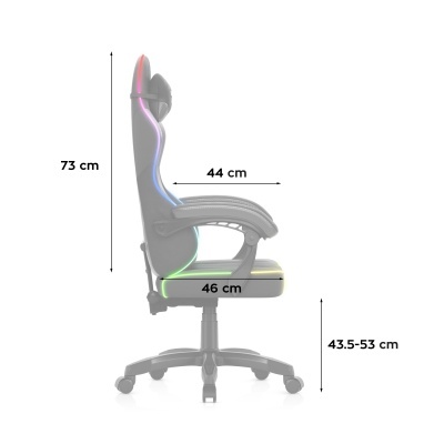 Cadeira de escritório cinza com luzes LED coloridas e medidas de altura e profundidade indicadas