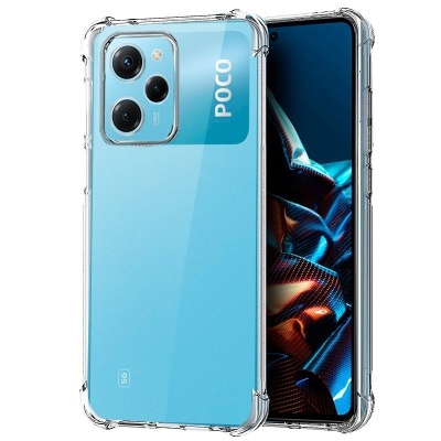 Smartphone azul com capa transparente mostrando a traseira e ecrã frontal