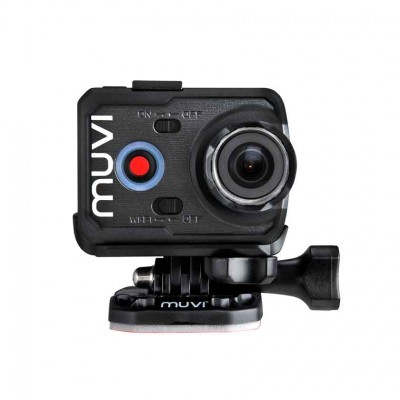 Câmara de ação preta Muvi com botão vermelho e suporte