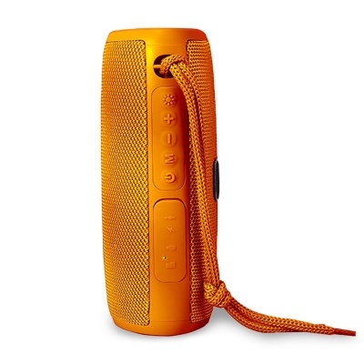 Coluna portátil Bluetooth laranja com botões e corda para transporte