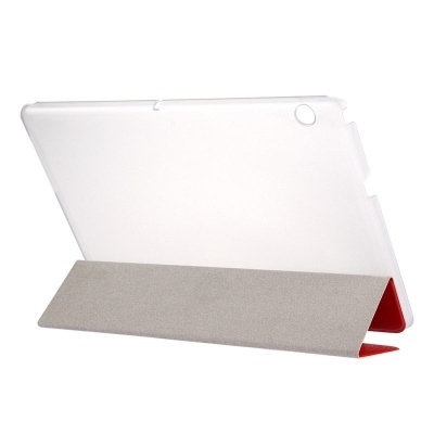 Capa transparente para tablet com suporte cinza e interior vermelho