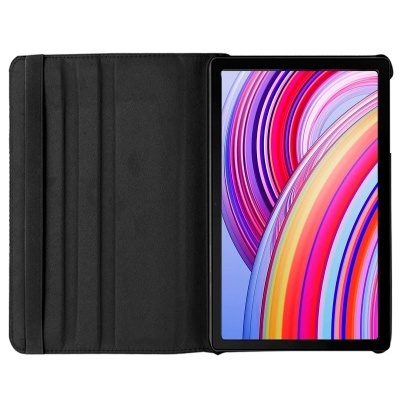Tablet com capa preta aberta e ecrã colorido