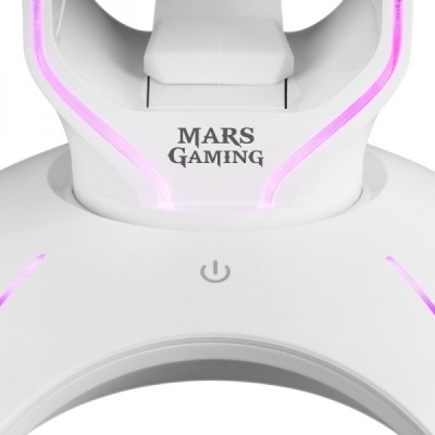 Suporte branco com iluminação LED rosa e texto MARS GAMING.