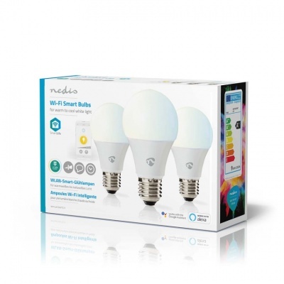Caixa de lâmpadas Wi-Fi Smart Bulbs da marca nedis com três lâmpadas visíveis