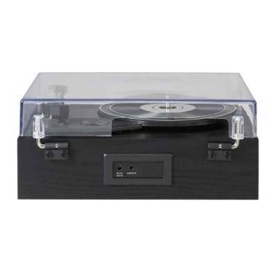 Toca-discos preto com capa transparente levantada em fundo branco