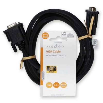 Cabo VGA preto Nedis com embalagem branca e detalhes laranja