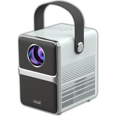Projetor portátil cinza e preto com lente colorida e alça preta