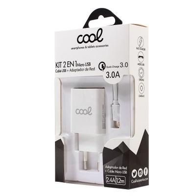 Kit 2 em 1 Micro USB e adaptador de rede da marca Cool em embalagem branca e preta